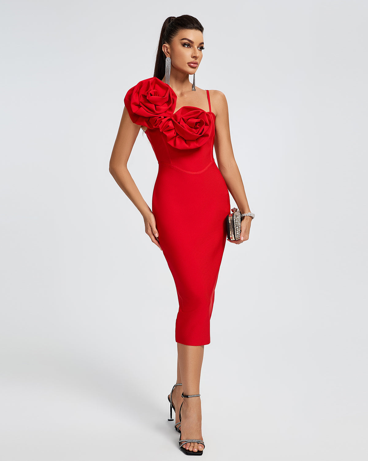 Women sexy red bandage midi dress