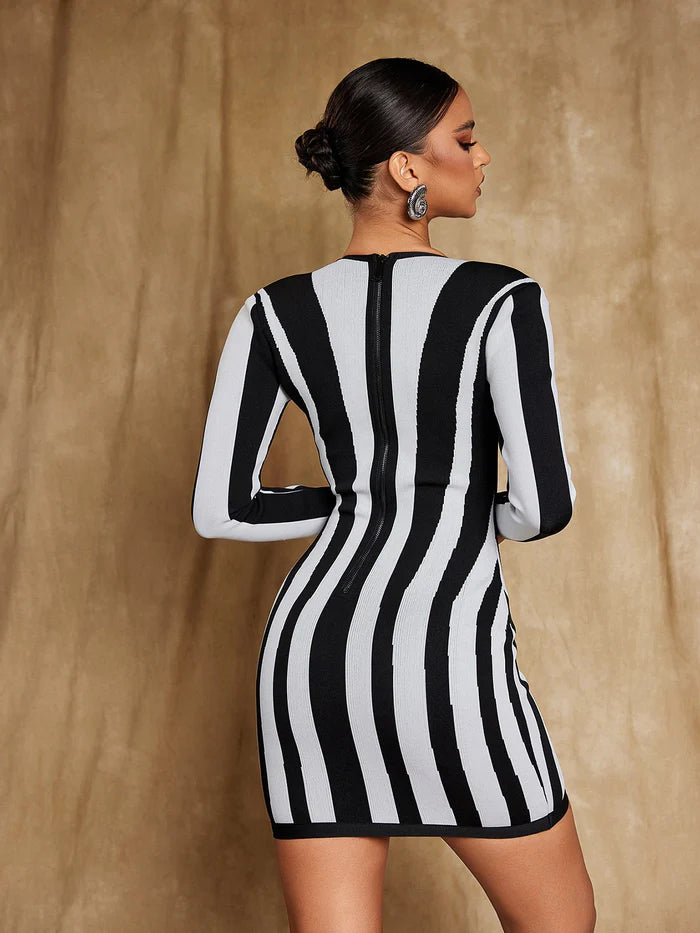 Long Sleeve Stripe Bandage Mini Dress