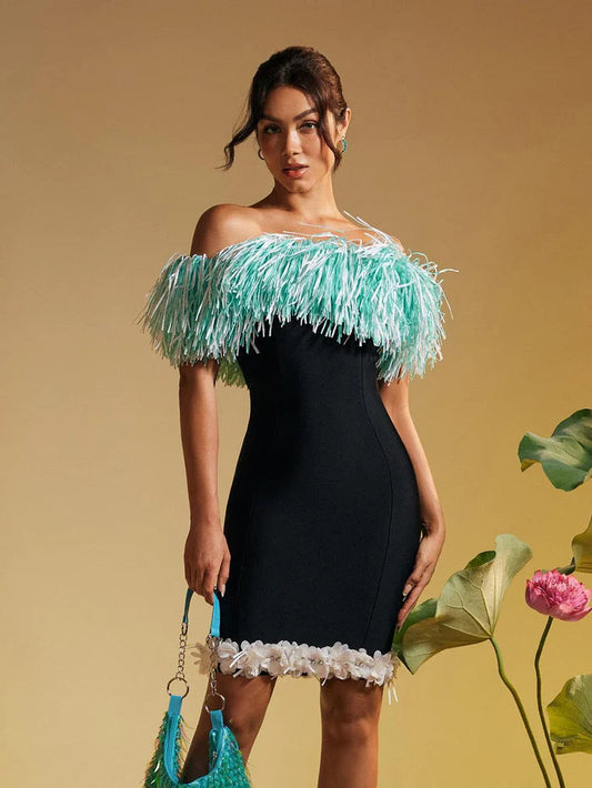 Women Sexy Strapless Fringe Flower Bandage Mini Dress