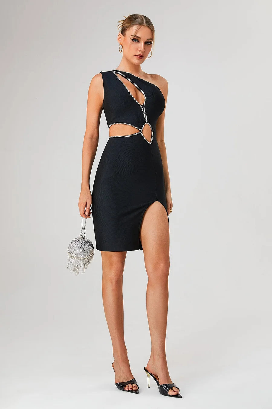 Oblique Shoulder Bandage Dress Black